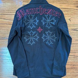 Manchester Men's Medium Black Embroidered Long Sleeve Button Down Shirt
